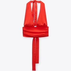 NWT Zara Knotted Halter Tie Around Top Red Self Tie Closure Medium Spring Summer